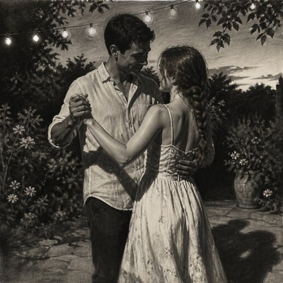 an original couple dancing under string lights in a garden at dusk: a man with short black hair in a linen shirt and a woman with braided red hair in a summer dress