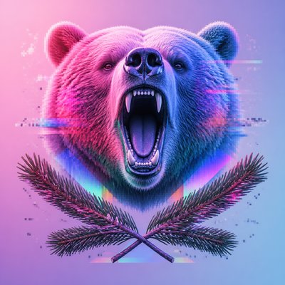 a roaring bear head above crossed pine branches, bold graphic composition on a plain background, no text