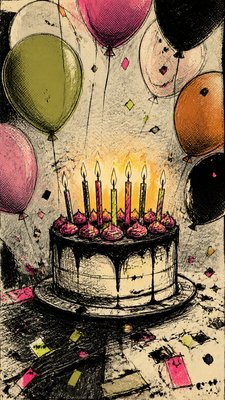 a birthday cake with lit candles surrounded by balloons and confetti, festive vertical composition, no text