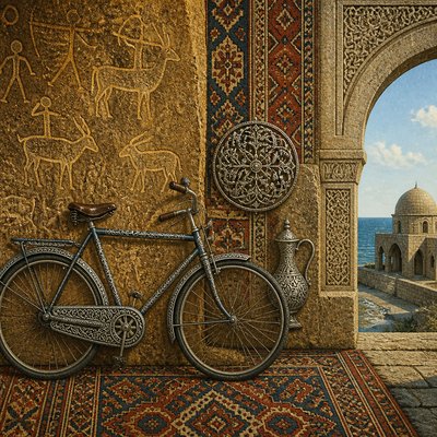 bicyle resting against a wall — Azerbaijani Art Style