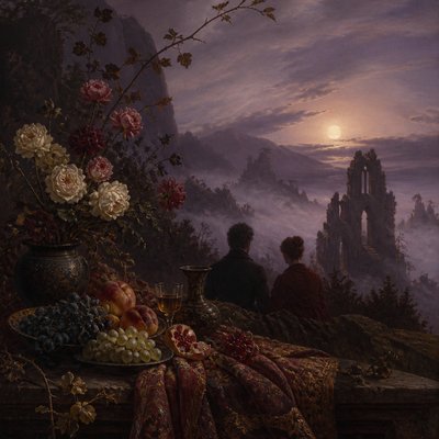 still life arrangement of fruits and flowers