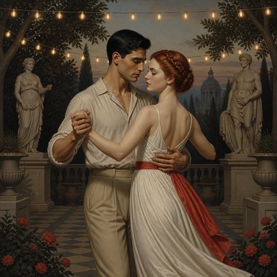 an original couple dancing under string lights in a garden at dusk: a man with short black hair in a linen shirt and a woman with braided red hair in a summer dress