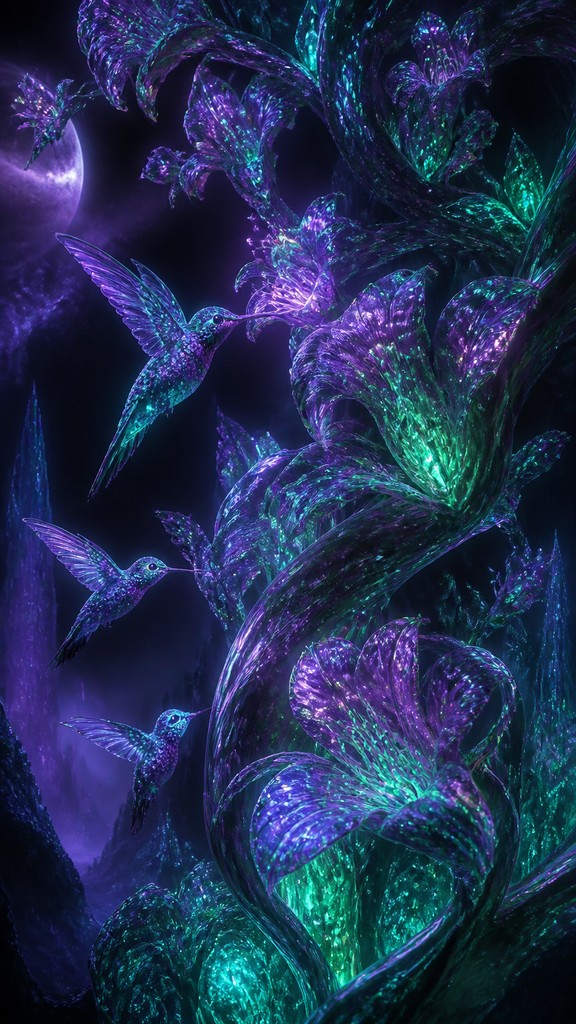 a climbing vine of flowers and hummingbirds on a dark background, tall wrapping composition, no text