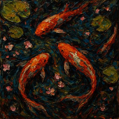 A koi pond seen from above, orange and white koi fish swimming among lily pads, clear water with subtle ripples, fallen cherry blossom petals floating on the surface, dappled sunlight