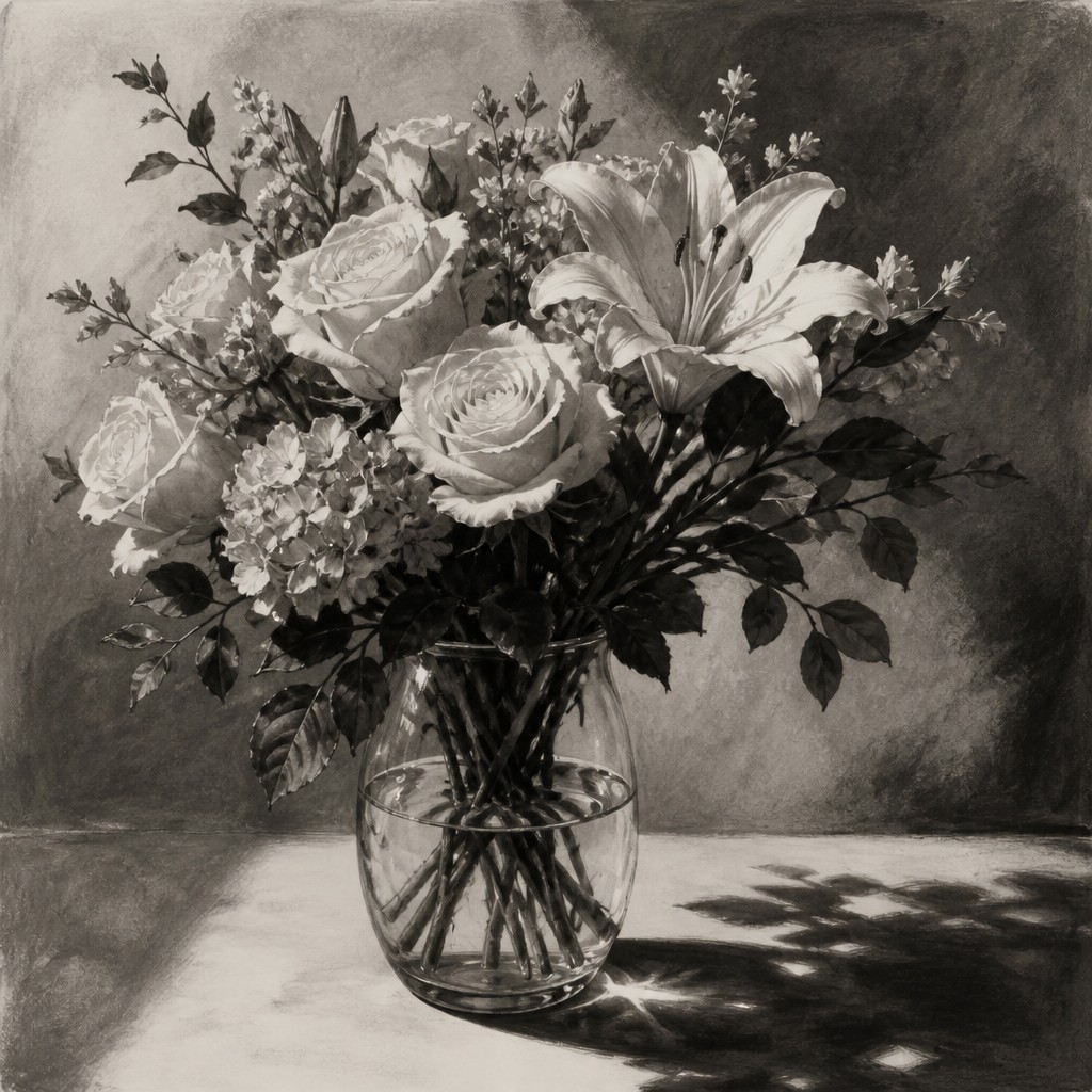 bouquet of flowers in a glass vase — Value Study Art Style