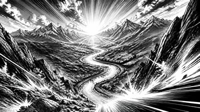 a vast valley with a river winding toward distant mountains at sunrise, no people, no text