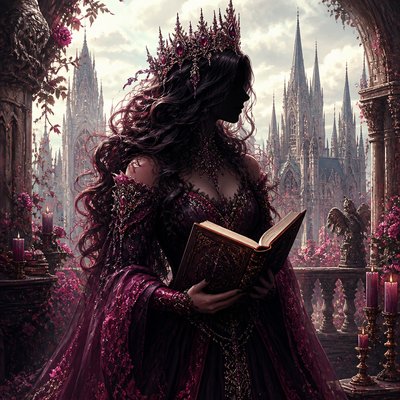 Create me an image of a woman in the centre whose face is obscured in shadows, she must wear a crown with gemstones and an intricate design, her hair must must fall elegantly around her and must look naturally curled. The whole thing must be done in dark pink, magenta, and deep purple here and there and can be a little gothic fantasy vibe, she must have a very beautiful dress on as well and must be hold an open book. Make the background light like in the day time and let her face to my right looking of to my right while she stands