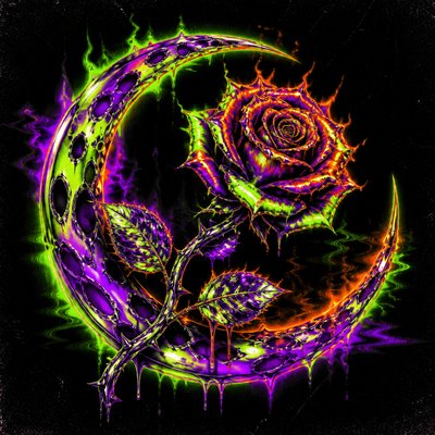 a rose entwined with a crescent moon, clean balanced composition on a plain background, no text