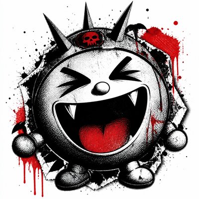 an exaggerated laughing face of an original round mascot character, bold and readable at small size, plain background, no text
