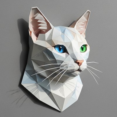 Low-poly geometric portrait of a cat's upper body facing slightly to the right, with shades of blue tones mixed with shades of. orange, brown, and golden yellow shades polygonal facets, with a large blue eye, black pupil, and subtle white highlight. The right eye is  a vibrant green eye, black pupil, and white highlight. Thin white whiskers extend from the muzzle on both sides. Solid medium-gray background. Style: minimalist vector art, faceted like origami or crystal, high contrast, no outlines except subtle edges, symmetrical split for a duality theme.

