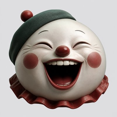 an exaggerated laughing face of an original round mascot character, bold and readable at small size, plain background, no text