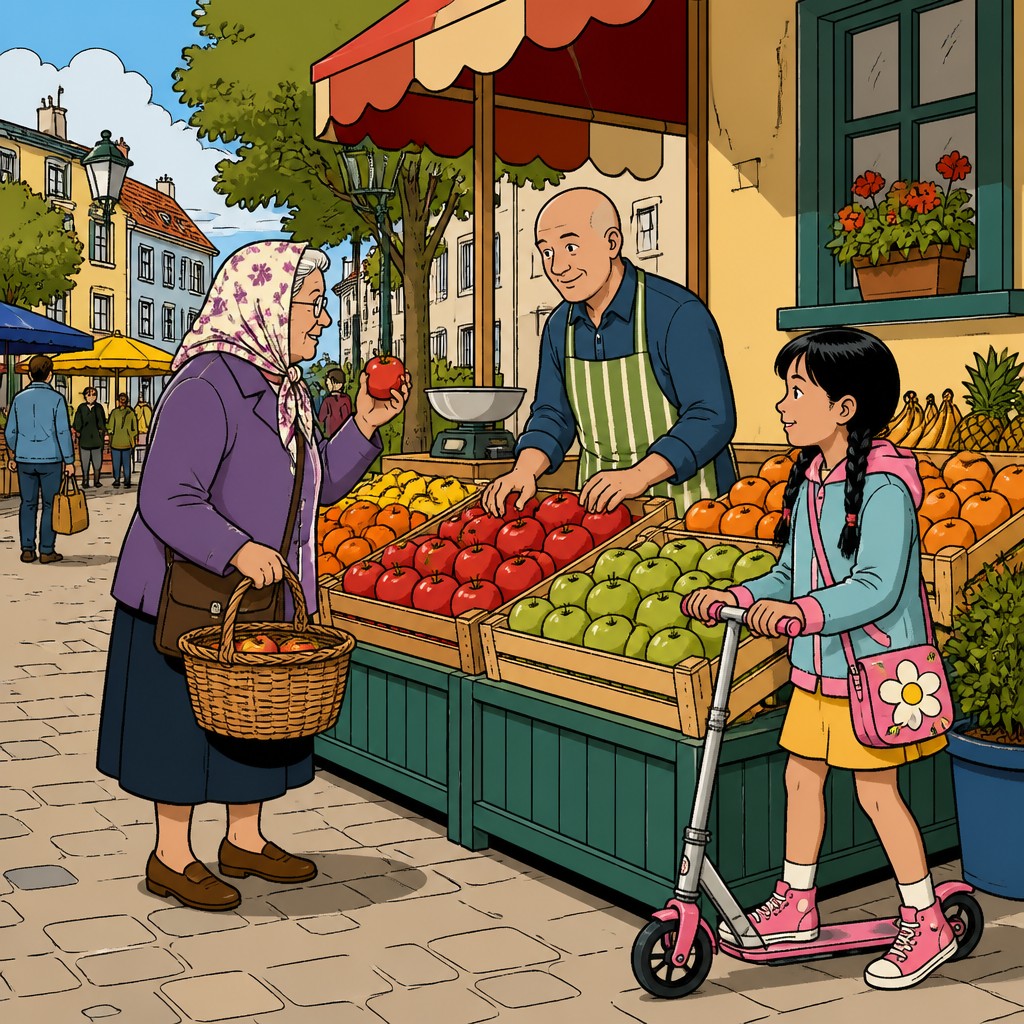 urban market street with three original figures: an elderly woman in a floral headscarf buying apples, a bald vendor in a striped apron behind a fruit stall, and a young girl with braided black hair pushing a scooter