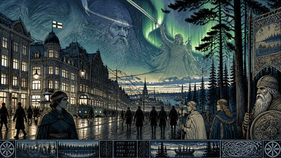 bustling city street panorama at dusk