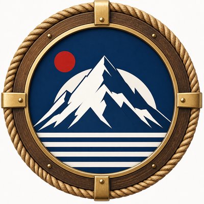 an emblem of a mountain peak inside a circle, simple bold shapes on a plain background, no text or lettering
