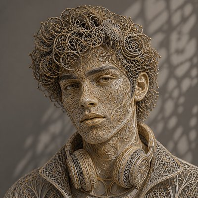 head-and-shoulders portrait of an original character: a young man with curly dark hair and headphones around his neck, plain backdrop, no text
