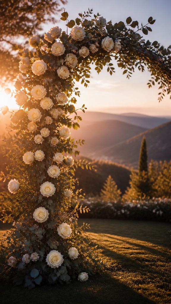 an arch of white roses and eucalyptus in soft morning light, elegant vertical composition with open space, no text