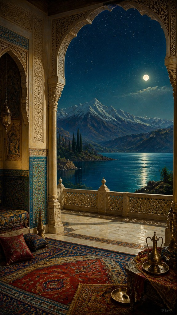 a tranquil mountain lake beneath a starry night sky, no people, no text
