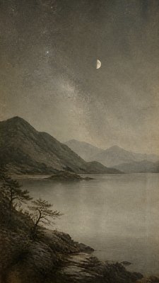 a tranquil mountain lake beneath a starry night sky, no people, no text