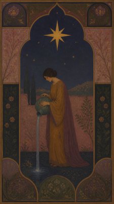 a robed figure pouring water beneath a large eight-pointed star in a night sky, symmetrical composition with an ornate decorative border, no text