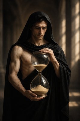 a man in a robe holding an hourglass