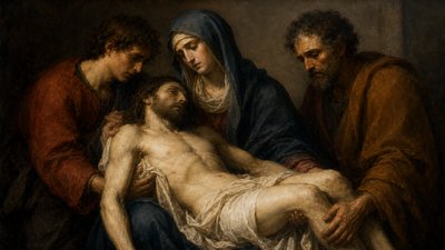 Michelangelo drawing of the pieta of Christ being held in the arms of Mary and two disciples