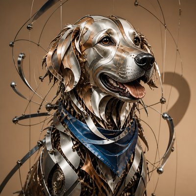 portrait of a golden retriever wearing a blue bandana, warm plain backdrop, no text