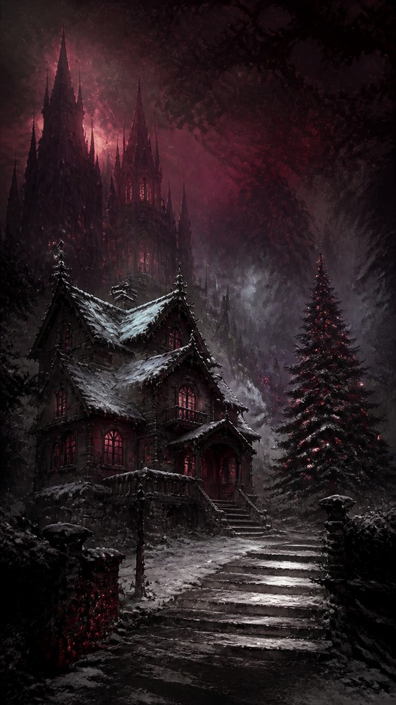 a snow-covered cottage with warm glowing windows beside a decorated pine tree, gentle snowfall, no text