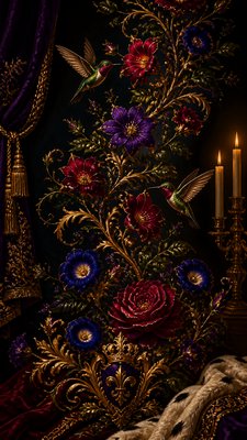 a climbing vine of flowers and hummingbirds on a dark background, tall wrapping composition, no text