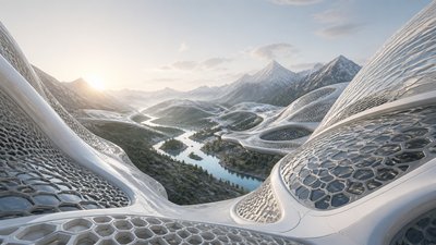 a vast valley with a river winding toward distant mountains at sunrise, no people, no text