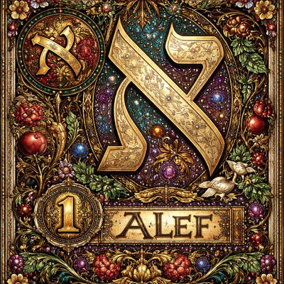 A picture of the Hebrew letter Alef including both the paleo and modern symbols, the number 1 and the name of the letter "Alef" 