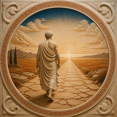 a solitary figure walking toward a glowing horizon across an empty plain, moody atmosphere, no text or lettering