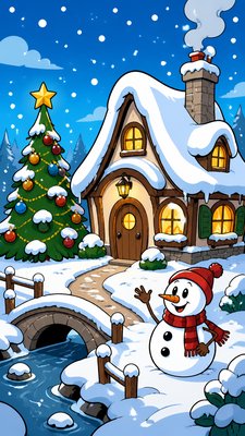 a snow-covered cottage with warm glowing windows beside a decorated pine tree, gentle snowfall, no text