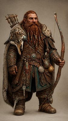 full-body original character: a dwarven ranger with a braided auburn beard, worn leather armor, a longbow and a wolf-pelt cloak, neutral background, no text