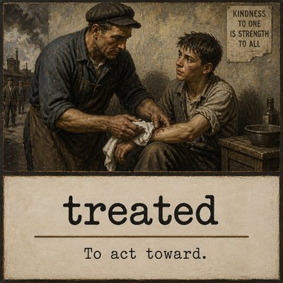 Please create a flashcard for the spelling word: "treated" and it's definition: "To act toward."

