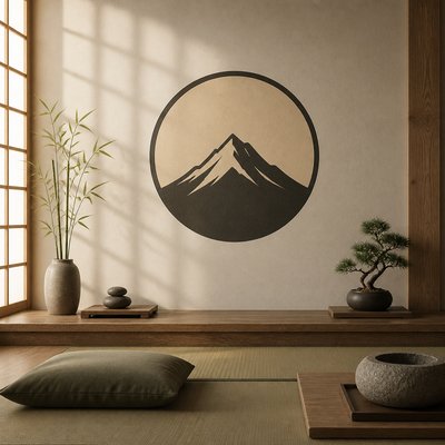 an emblem of a mountain peak inside a circle, simple bold shapes on a plain background, no text or lettering