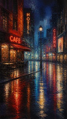 a quiet rainy city street at night reflecting neon signs, no people