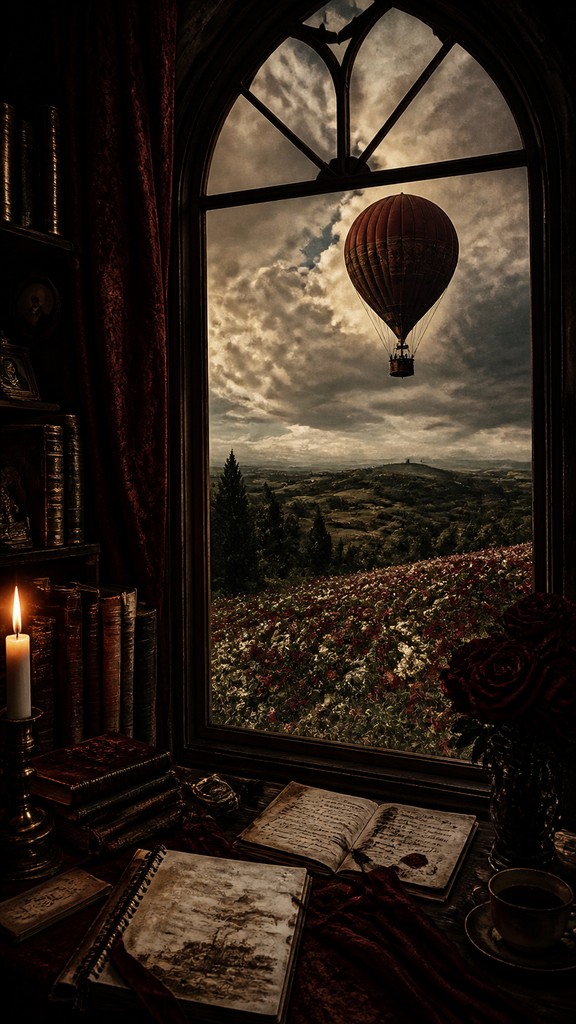 a hot air balloon drifting over rolling flower fields on a sunny day, cheerful, no text