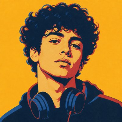 head-and-shoulders portrait of an original character: a young man with curly dark hair and headphones around his neck, plain backdrop, no text
