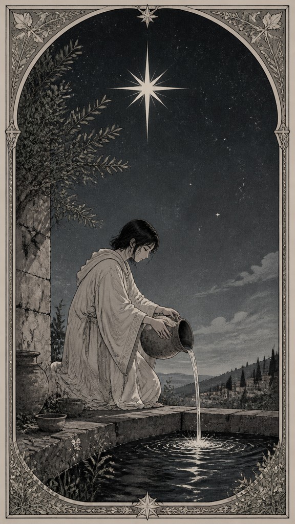 a robed figure pouring water beneath a large eight-pointed star in a night sky, symmetrical composition with an ornate decorative border, no text