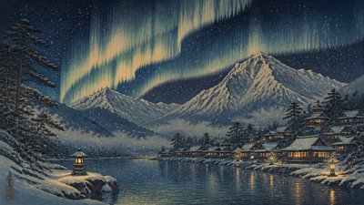 a flowing aurora over snowy peaks, wide sweeping composition, no people, no text