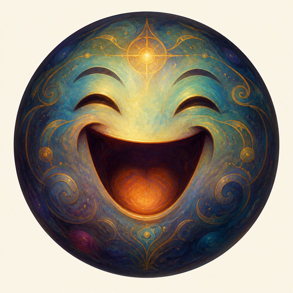 an exaggerated laughing face of an original round mascot character, bold and readable at small size, plain background, no text
