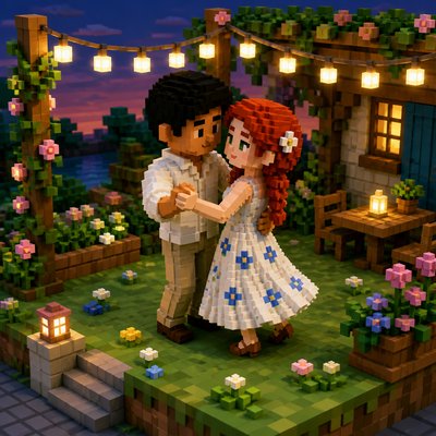 an original couple dancing under string lights in a garden at dusk: a man with short black hair in a linen shirt and a woman with braided red hair in a summer dress