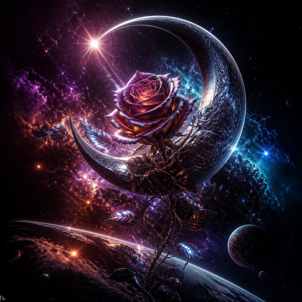 a rose entwined with a crescent moon, clean balanced composition on a plain background, no text