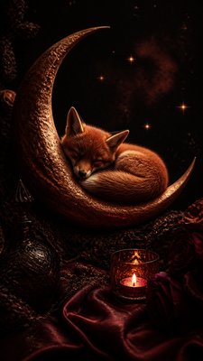 a sleeping baby fox curled on a crescent moon among soft stars, gentle and warm, no text