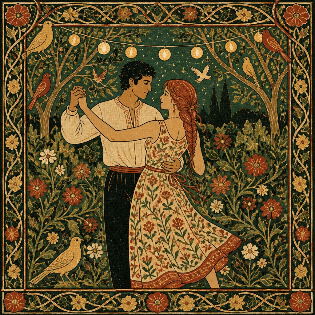 an original couple dancing under string lights in a garden at dusk: a man with short black hair in a linen shirt and a woman with braided red hair in a summer dress