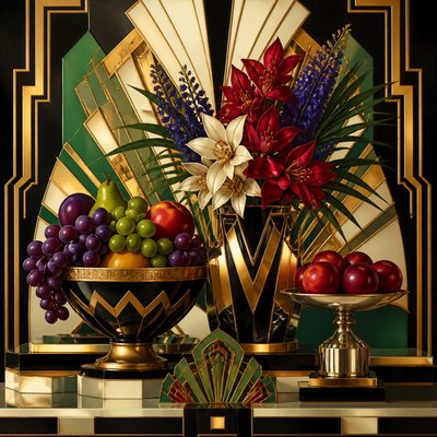 still life arrangement of fruits and flowers