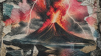 an erupting volcano with lightning strikes, dramatic wide composition, no text