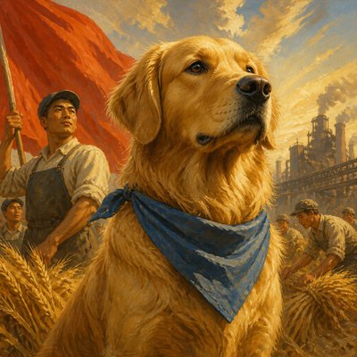 portrait of a golden retriever wearing a blue bandana, warm plain backdrop, no text