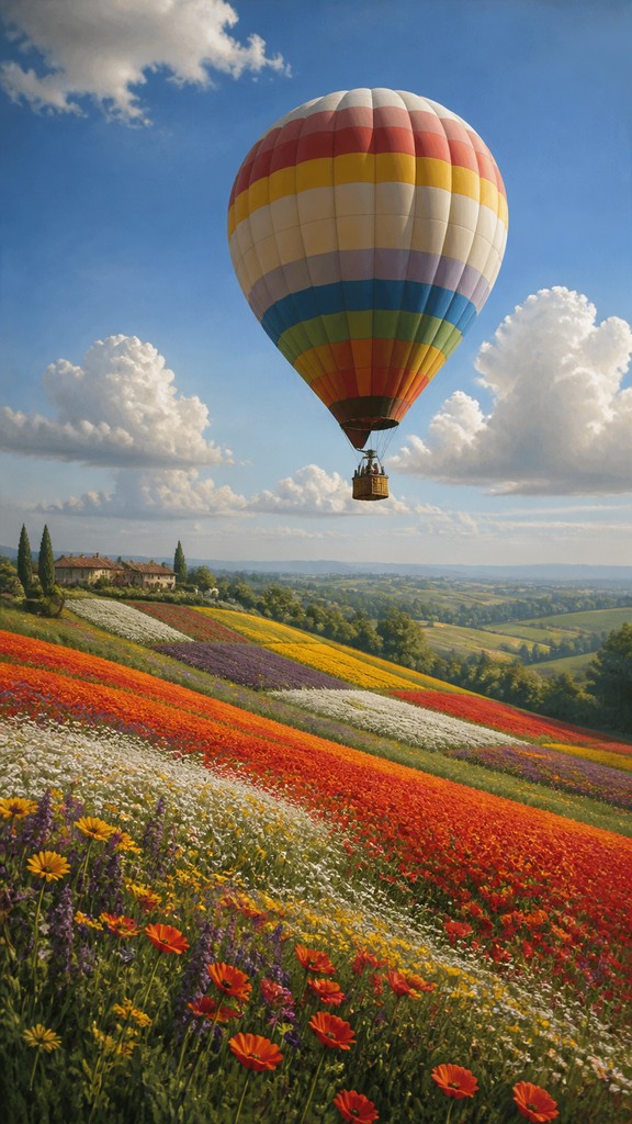 a hot air balloon drifting over rolling flower fields on a sunny day, cheerful, no text