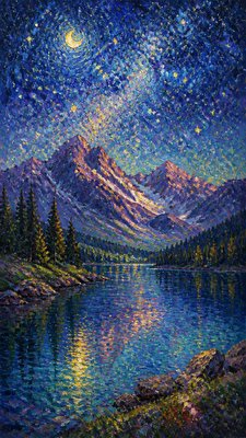 a tranquil mountain lake beneath a starry night sky, no people, no text